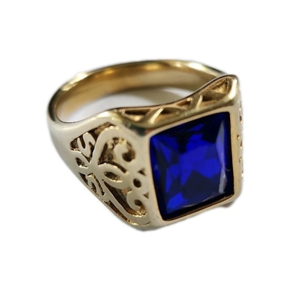 Men's Large Gold Plated Iron/Chromium Ring with Synthetic Saphire